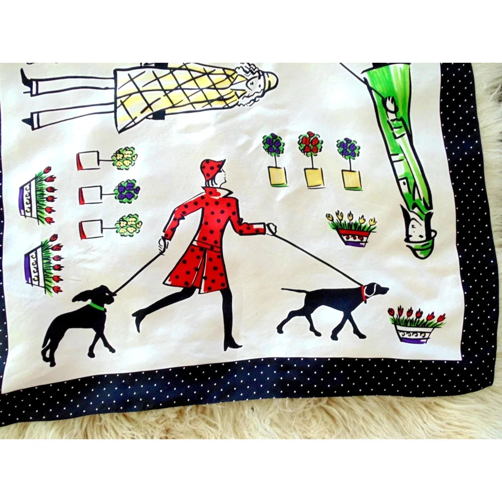 Retro 70s Fashions NY Paris Fashionista Women Walking Dogs Silk Scarf Square